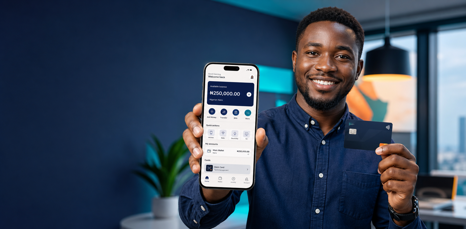 Customer using the Fintech mobile app and ATM card
